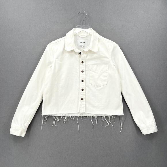PISTOLA Denim Cut Off Crop Shirt Jacket Womens XS White Distressed Button Front - Picture 2 of 15
